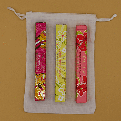 Dárková sada parfémů unisex EXOTIKA: 3 x 10 ml roll on Sandalwood + Malibu Lemon Blossom + Hawaiian Ruby Guava + lněný pytlík