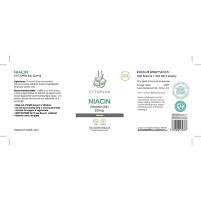 Cytoplan Niacin - Vitamín B3 (niacinamid), 50 mg, 100 vegan tablet 2