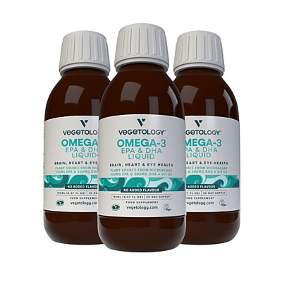Vegetology Opti-3, Omega-3 EPA a DHA s vitaminem D3, tekuté 150 ml, bez příchutě, sada 3 ks s dopravou zdarma