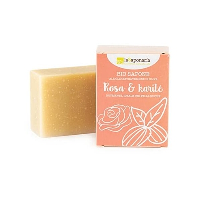laSaponaria BIO Tuhé olivové mýdlo - Růžový olej a bambucké máslo, 100 g